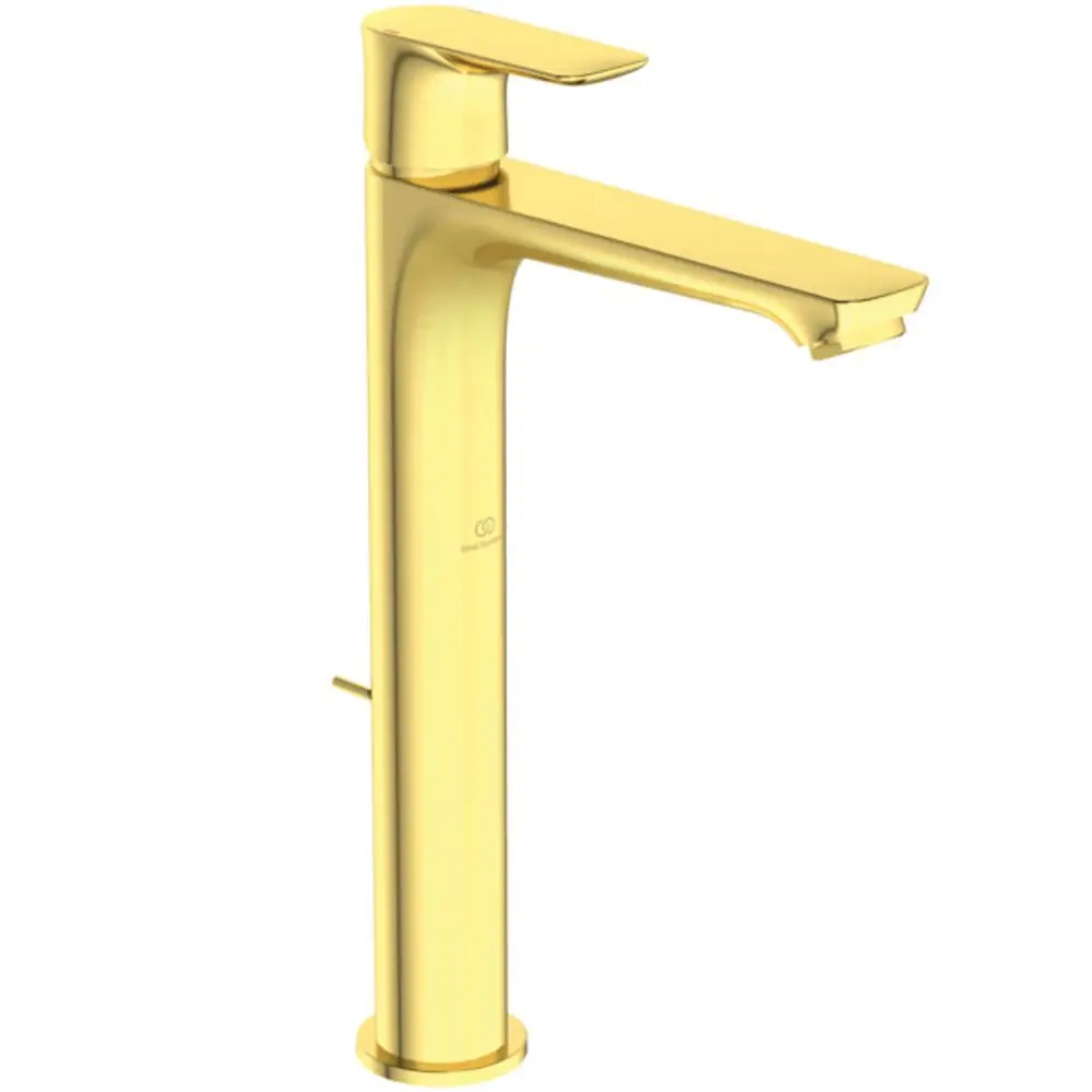 Goldene Einhebelarmatur von Ideal Standard mit flacher Auslaufkante und seitlichem Hebel, geeignet für Waschtische.